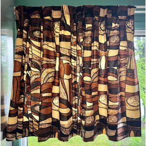 Vintage 70s pleated curtains, brown, rust, tan abstract pattern, velvet, pair